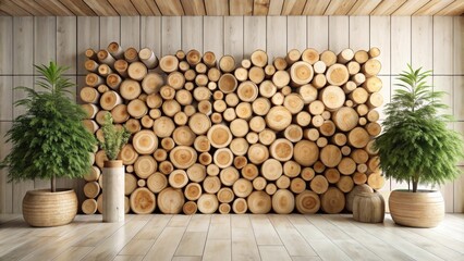 Rustic Interior Design Featuring a Stacked Wood Log Wall Accent and Potted Plants