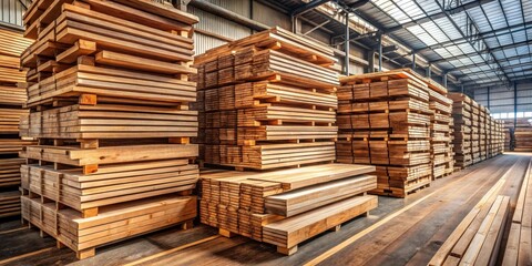 Fototapeta premium Warehouse Inventory of Stacked Lumber Planks for Construction