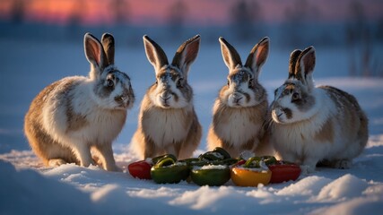 Fototapeta premium Four rabbits gathered around colorful vegetables in a snowy landscape.