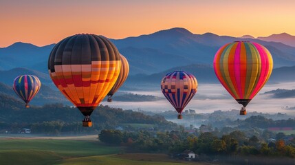Naklejka premium Spectacular Colorful Hot Air Balloons Floating Over Scenic Mountain Landscape at Sunrise