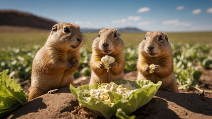 Three prairie dogs enjoying lettuce in a sunny field.
