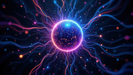 Fototapeta premium Futuristic AI brain with glowing circuitry and data points in vibrant colors of pink, blue, purple, and orange against a cosmic backdrop.