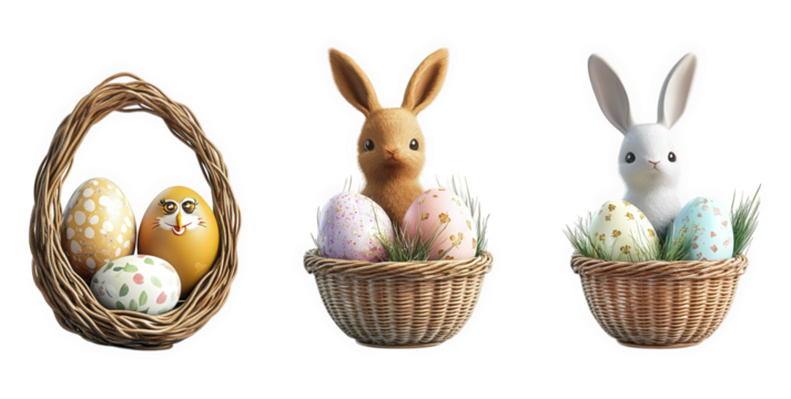 three decorative baskets for easter one basket contains colorful eggs and a cheerful yellow egg with a face. while the other two baskets hold bunny figurines?one brown and one white?surrounded by gras