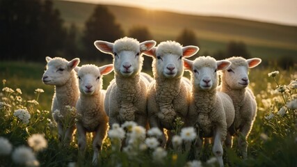 Obraz premium A group of six fluffy lambs standing in a sunlit field adorned with flowers.