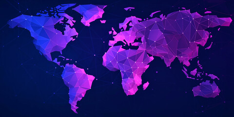Abstract world map illustration with polygonal, geometric design in vibrant purple and pink tones on dark blue background. Ideal for technology, networking, and futuristic-themed graphics