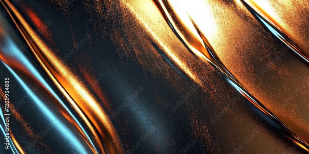 Poster shimmering metallic textures with smooth curves in blue and gold tints on a glossy surface for abstr