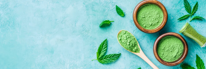 Green Hemp Powder on Aqua Background: Wellness and Nature