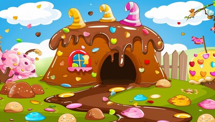 A whimsical candy house with a chocolate roof, surrounded by a candy-covered landscape.