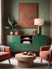 Interior design of Earthy Browns living room interior, Kelly Green sideboard, stylish armchair