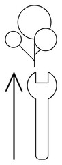 Wrench and upward arrow beneath a stylized tree with circular leaves suggest innovation and growth. Ideal for business strategy, environmental sustainability, tech development, repair services