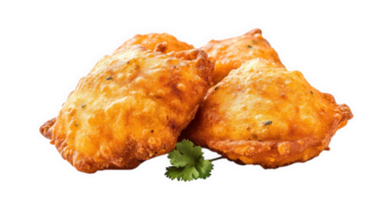 three golden-brown. crispy fried pastries. likely stuffed with a savory filling. garnished with a small sprig of cilantro these snacks are often enjoyed as appetizers or street food. appealing to thos