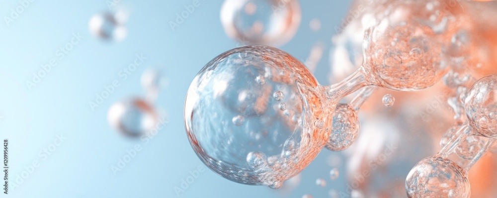 Poster bubbles floating in a soft blue background with delicate light reflections.