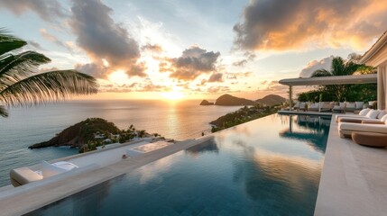 Fototapeta premium Stunning villa boasts a picturesque pool and alluring outdoor seating, perfectly highlighted by the setting sun's golden light