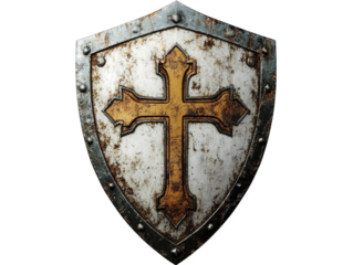 a weathered shield featuring a prominent golden cross against a tarnished silver background. suggesting themes of protection. history. and chivalry the shield's design and texture evoke a sense of med