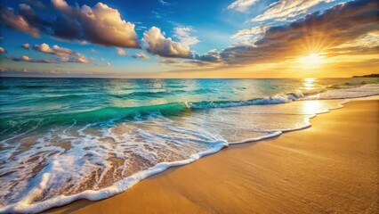 Serene Sunset Over Azure Ocean Waves Gently Kissing Golden Sands