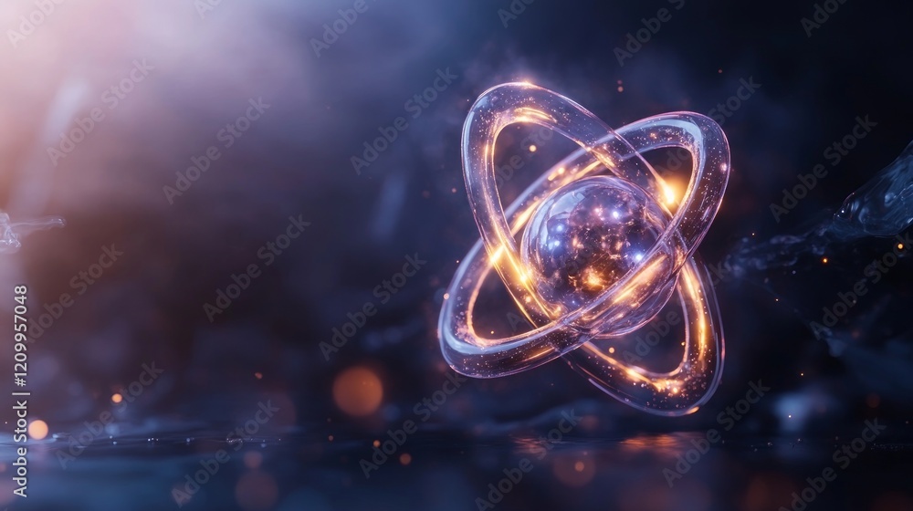 Aufkleber abstract atomic structure with glowing particles and light effects.