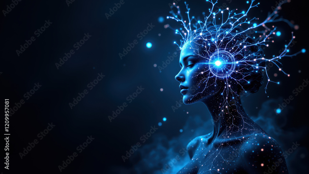 Poster futuristic ai brain with cosmic elements, symbolizing advanced technology and intelligence.