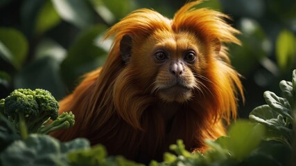 Naklejka premium A golden monkey with a flowing mane sits among lush green foliage.