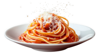 a plate of spaghetti topped with a rich tomato sauce and sprinkled with grated cheese. showcasing a classic italian dish that is visually appealing and inviting the dish is served in a white bowl. emp
