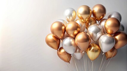 A cluster of shiny metallic balloons in silver and gold tones, celebrating a joyous occasion