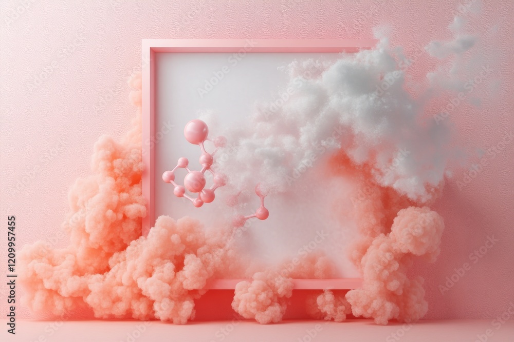 Poster abstract composition with pink clouds and a blank frame on a textured background.