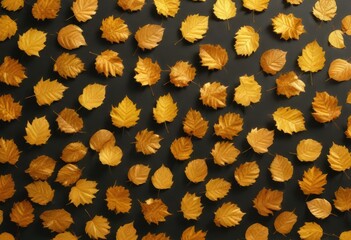 A collection of autumn gold leaves arranged in a loose pattern on a flat surface, fall foliage, loose pattern, autumn leaf arrangement