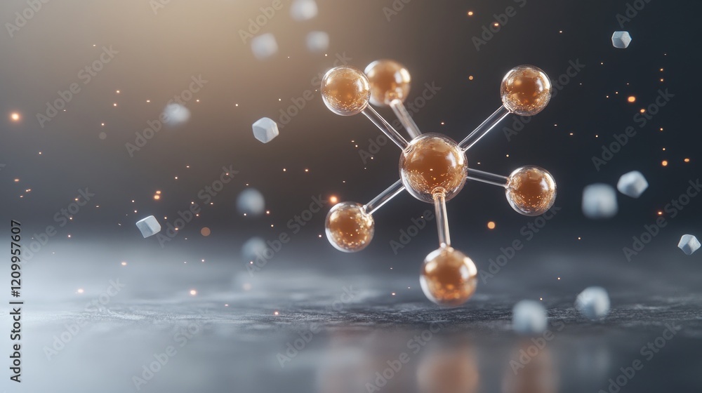 Poster 3d molecular structure with glowing atoms and particles in a dark background.