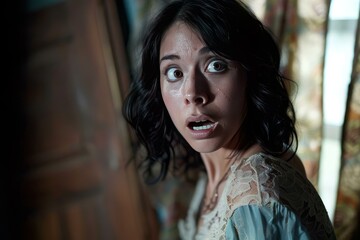Fototapeta premium Terrified woman gasps, experiencing a chilling moment of pure fear, reminiscent of a classic horror movie scene