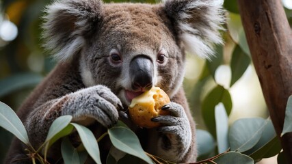 Obraz premium A koala munching on a piece of fruit among eucalyptus leaves.