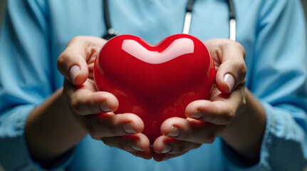 Medical professional cupping a glossy red heart, symbolizing compassion, care, and dedication in healthcare settings