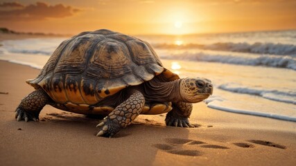 Obraz premium A turtle walks along a sandy beach at sunset, with waves gently lapping at the shore.
