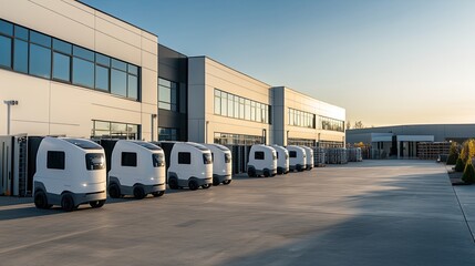 Numerous delivery robots maneuver through a spacious warehouse lined with shelves, showcasing advanced logistics technology