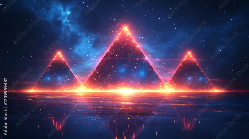 Poster cosmic pyramids: three majestic pyramids glow with celestial energy, their surfaces shimmering with 