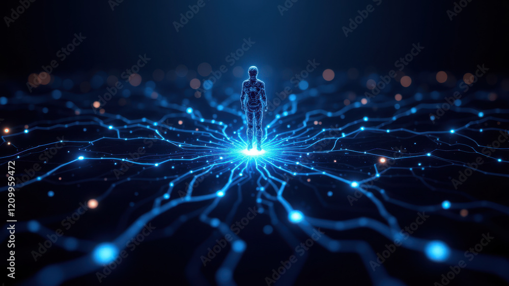Poster futuristic ai scene with central human figure standing amidst a neural network of illuminated pathwa