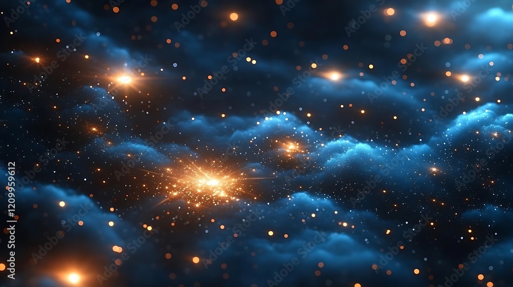 Poster celestial tapestry: a mesmerizing abstract backdrop of glowing stars and celestial clouds, evoking a