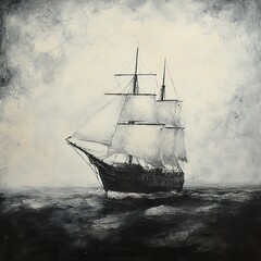 Fototapeta premium Monochrome Seascape: A Classic Sailing Ship at Sea