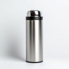 Stainless steel thermos bottle on white isolated background.