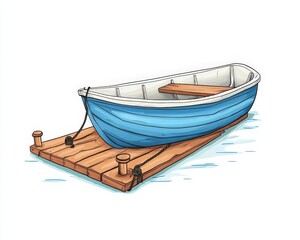 Small Blue Boat on Wooden Dock Floating in Calm Water