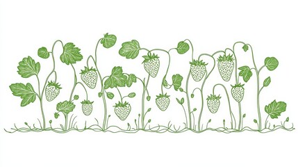 A continuous line drawing of a strawberry plant with fruits and runners, emphasizing its clean and unique structure.