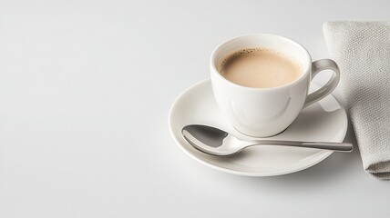 Coffee cup with saucer and spoon, white isolate background.