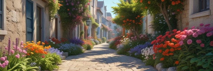 Obraz premium a quiet seaside alleyway lined with colorful flower beds, coastal, tranquil