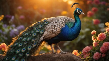 Obraz premium A vibrant peacock stands amidst colorful flowers during sunset.
