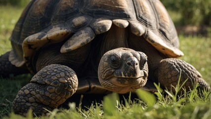 Obraz premium A close-up of a tortoise resting on green grass in a natural setting.