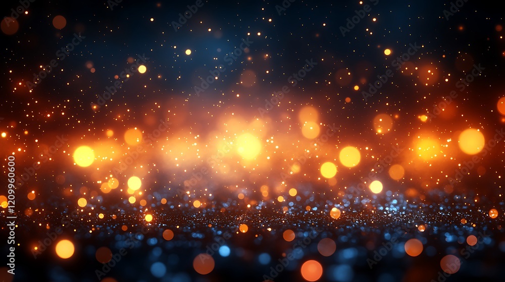 Poster cosmic shimmer: an abstract image of swirling nebula-like particles in shades of orange and blue, cr