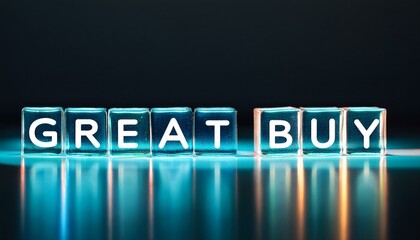 Obraz premium お買い得価格を意味する英単語のGreat buyの文字が書かれた透明なキューブブロックが横に並んでいる。aiで生成