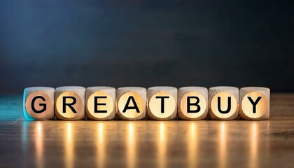 Obraz premium お買い得価格を意味する英単語のGreat buyの文字が書かれた木製のキューブブロックが横に並んでいる。aiで生成