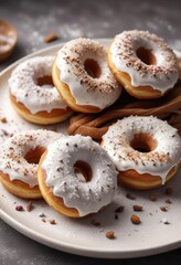 Naklejka premium A plate of cinnamon-spiced donuts, topped with powdered sugar and sprinkles, festive treat, powdered sugar, sweet delight