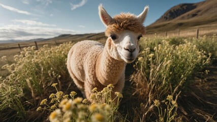 Obraz premium A charming alpaca stands amidst blooming flowers in a scenic landscape.