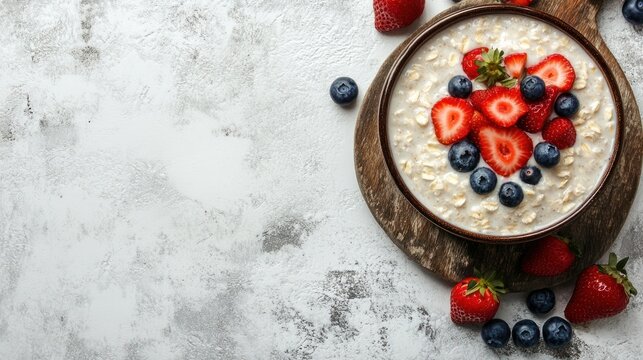 Oatmeal with strawberries and blueberries in a bowl on a rustic wooden board, shot from above with a white concrete background. - Powered by Adobe