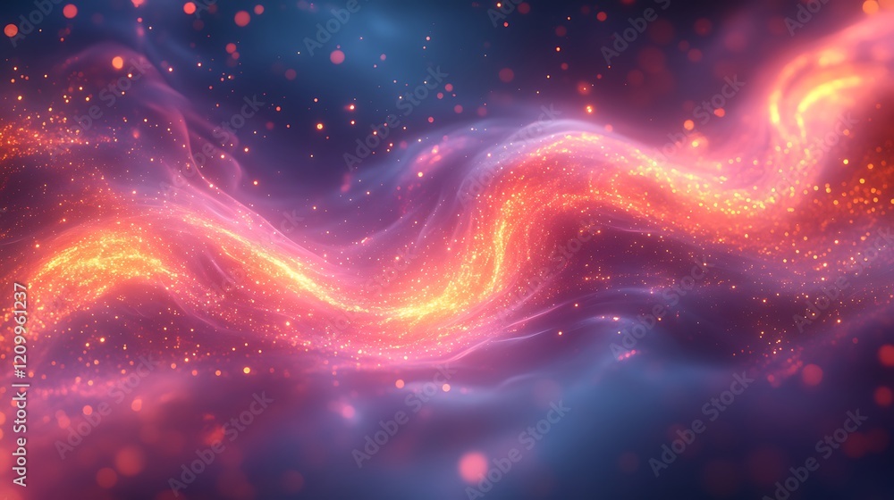 Poster cosmic flow: abstract swirls of vibrant orange and pink energy flow through a dark, starry backgroun